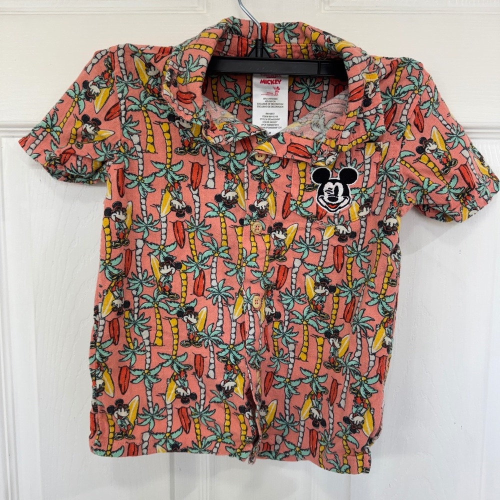 Disney Junior Mickey Mouse Boys 4T Tropical Linen Blend Button Down Shirt Pink